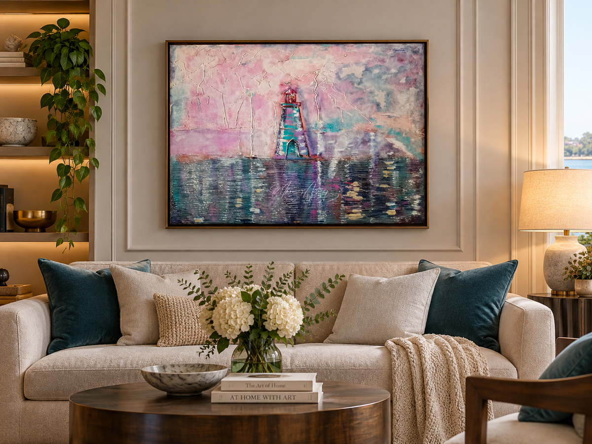 Lake Hefner painting displayed above a cream sofa in an elegant contemporary living room