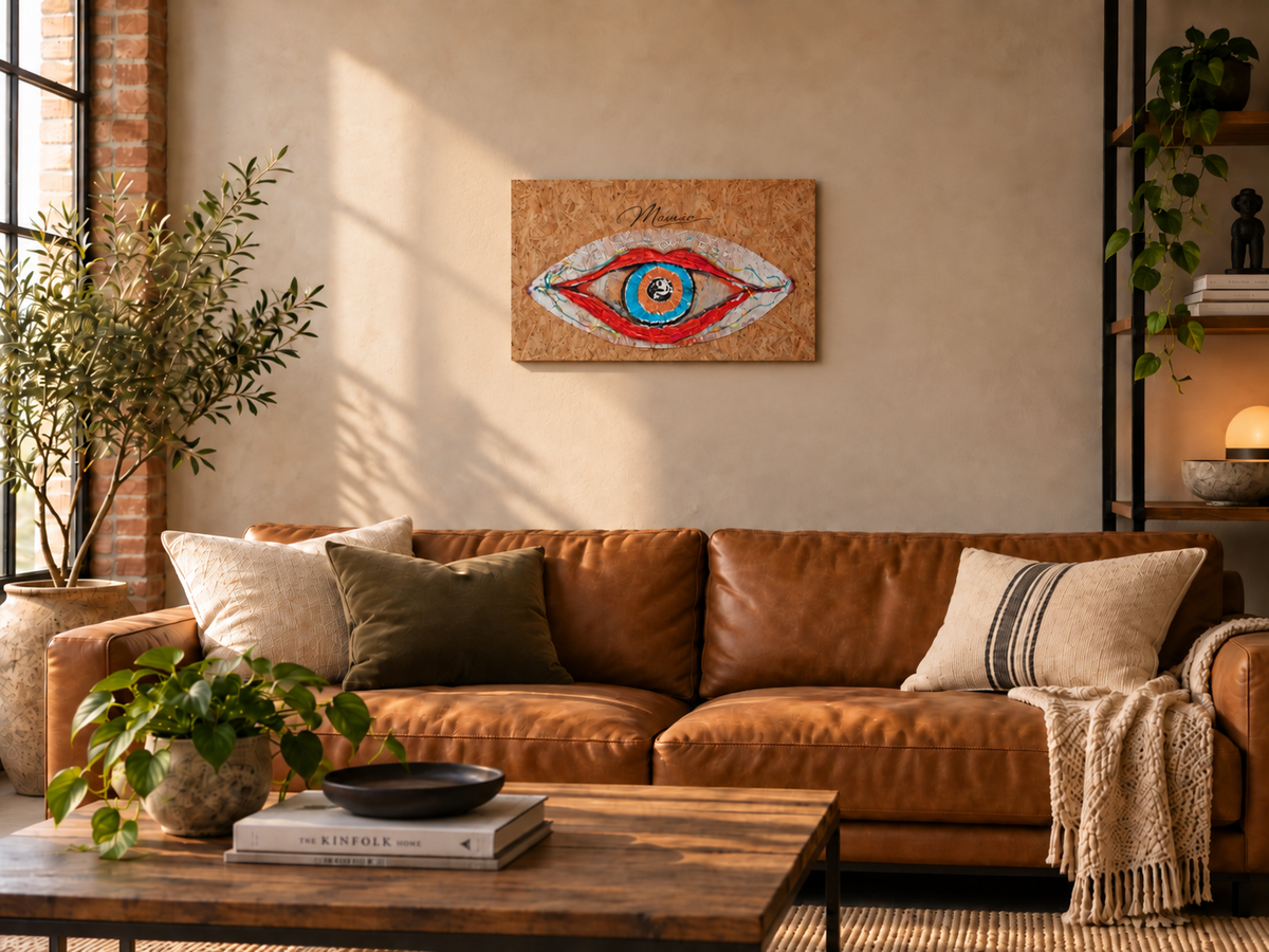 The Oracle rectangular board artwork at reduced scale above a leather sofa in a sunlit contemporary loft