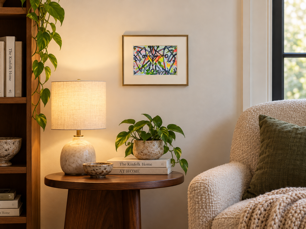 The Sign small abstract painting displayed in an intimate reading nook above a walnut side table