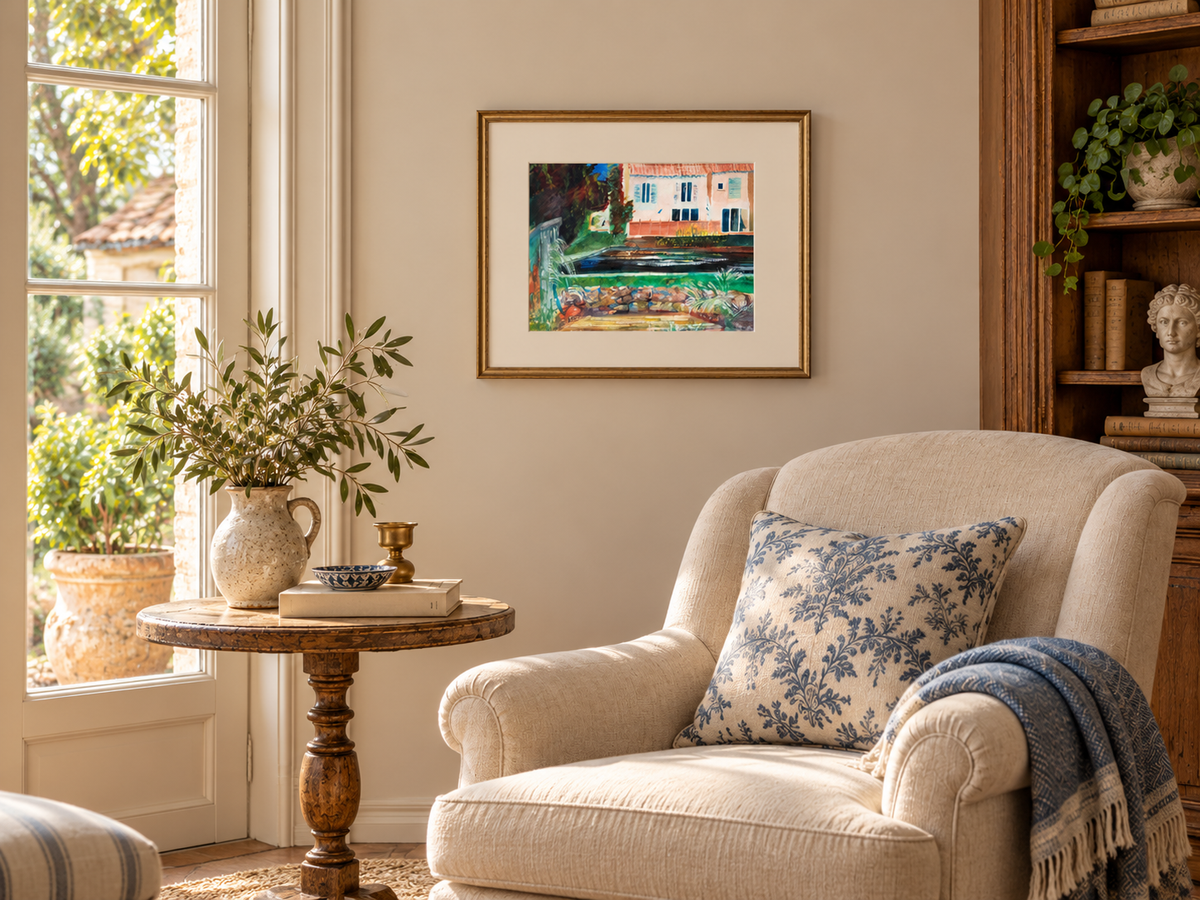 Afternoon in Le Cannet watercolor in a French country reading room, shown framed for scale