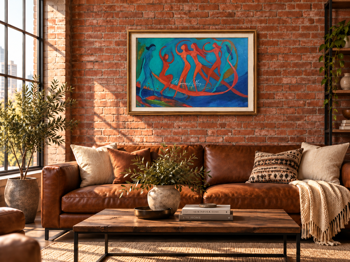 Anointment painting displayed on an exposed brick wall above a leather sofa in a sunlit loft apartment