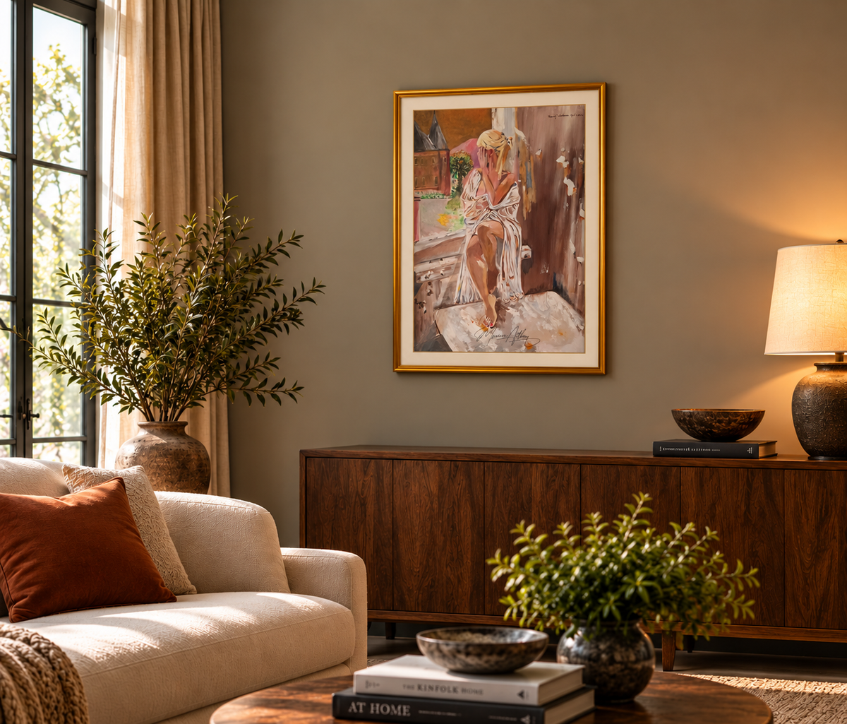 Pensive painting in a warmly lit living room with gold frame and ivory mount, illustrative room setting