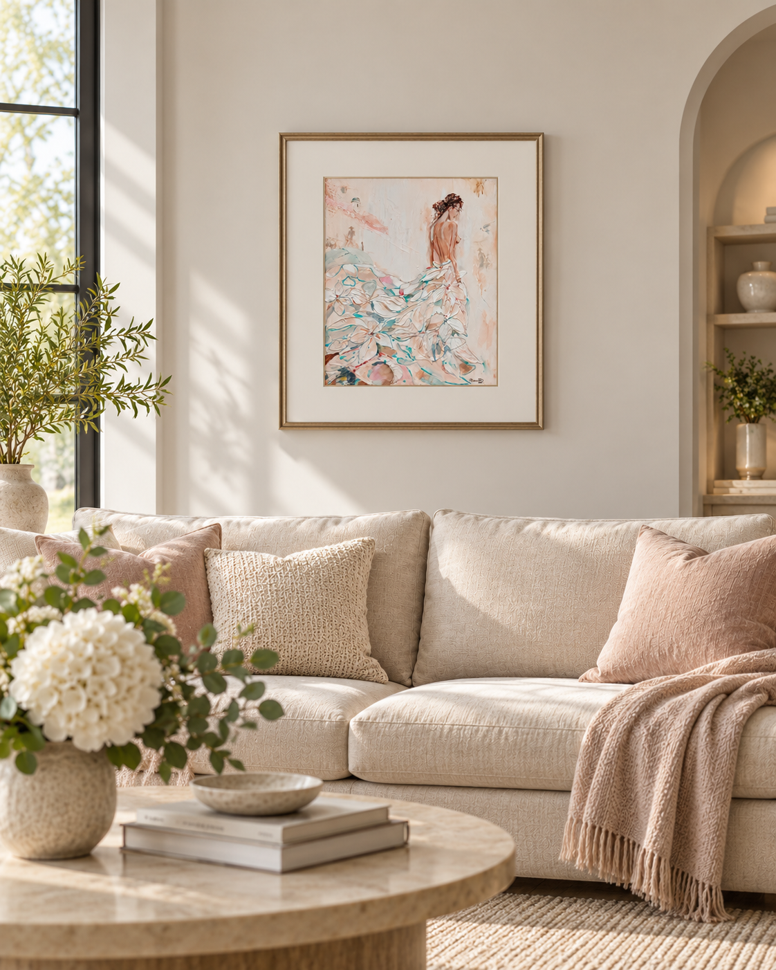Seraphina original 20 x 24 inch painting with a wide mount displayed above a sofa in a sunlit living room