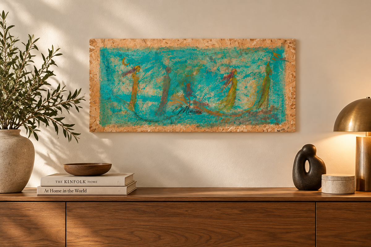 The Quiet Assembly original OSB painting displayed above a walnut sideboard in a warm modern living room, closer view