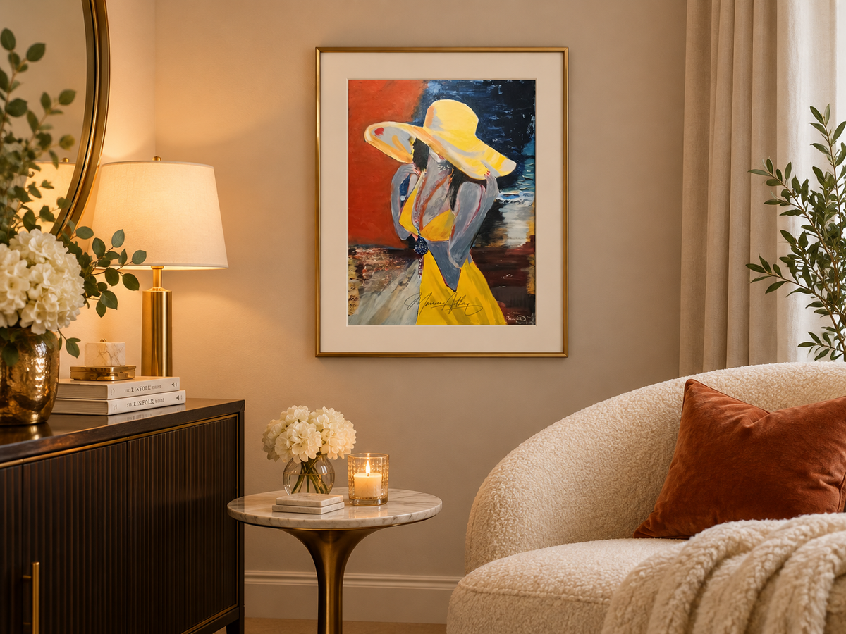 Yellow Hat original painting displayed in an elegant warmly lit sitting room